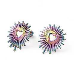Rainbow Color Ion Plating(IP) 304 Stainless Steel Hollow Out Heart Stud Earrings for Women, Rainbow Color, 19.5x17.5mm, Pin: 1mm