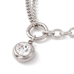 Stainless Steel Color Flat Round Crystal Rhinestone Pendant Necklace for Women, 304 Stainless Steel Chain Necklace, Stainless Steel Color, 16.93 inch(43cm)