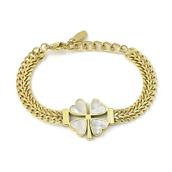 Golden Natural Shell Clover Link Bracelets with 304 Stainless Steel Chains, Golden, 6-3/4 inch(17.2cm)