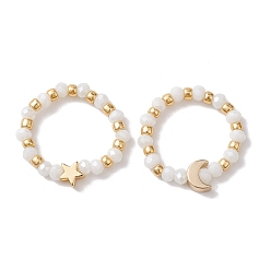 White Glass Stretch Rings with Golden Plated Star & Moon Brass Beads, White, 3.5mm, Inner Diameter: US Size 8 1/2(18.5mm)