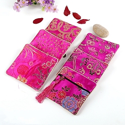 Fuchsia Square Chinese Style Brocade Zipper Bags with Tassel, for Bracelet, Necklace, Random Pattern, Fuchsia, 11.5x11.5cm