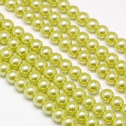 Vert Jaune Brins de perles rondes en verre teinté écologique, Grade a, cordon en coton fileté, vert jaune, 6mm, Trou: 0.7~1.1mm, Environ 72 pcs/chapelet, 15 pouce