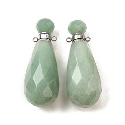 Зеленый Авантюрин Подвески для флаконов с натуральным зеленым авантюрином, с 304 фурнитурой из нержавеющей стали, граненые, слезинки, цвет нержавеющей стали, 49x17~18 мм, отверстие : 1.9 мм