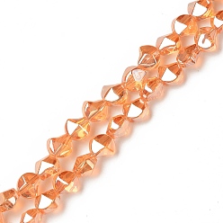 Orange Electroplate Transparent Glass Beads Strands, Pearl Luster Plated, Twist, Orange, 8.2x8.2x6.8mm, Hole: 1mm, about 80pcs/strand, 25.98 inch(66cm)