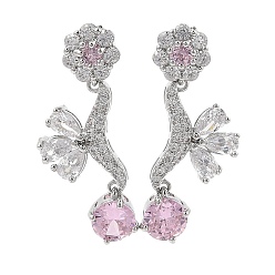 Pink Женские серьги-гвоздики из латуни с фианитом и цветком, платина, розовые, 30x12 мм