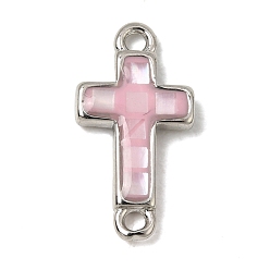 Pink Латунные и натуральные подвески-коннекторы из ракушек, перекрестная ссылка, с эмалью, без кадмия и без свинца, стойки покрытие, платина, розовые, 15x8x2 мм, отверстие : 1.3 мм