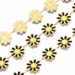Black 304 Stainless Steel & Enamel Link Chains, with Spool, Unwelded, Real 16K Gold Plated, Nickel Free, Flower, Black, 13.5x10x1mm, about 16.4 Feet(5m)/roll