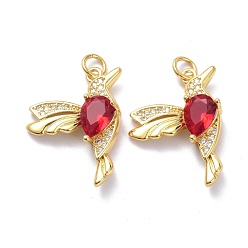 Real 18K Gold Plated Brass Micro Pave Dark Red Cubic Zirconia Pendants, with Jump Ring, Long-Lasting Plated, Bird, Real 18K Gold Plated, 23.5x18x5mm, Jump Rings: 5x1mm, 3mm Inner Diameter