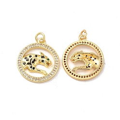 Black Brass Micro Pave Cubic Zirconia Pendants, with Jump Ring, Flat Round with Cheetah/Leopard Charm, Golden, Black, 21x18.5x3mm, Hole: 3mm