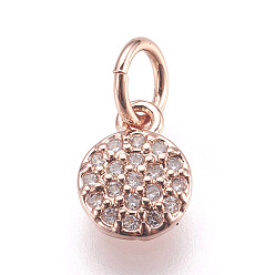 Rose Gold Brass Micro Pave Cubic Zirconia Charms, Lead Free & Cadmium Free, Flat Round, Rose Gold, 8x6x1.5mm, Hole: 3mm