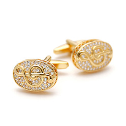 Golden Brass with Glass Rhinestone Cufflinks, Oval with Musical Note, Golden, 27x20x15mm