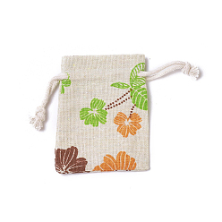 Colorful Burlap Packing Pouches, Drawstring Bags, Rectangle with Leaf Pattern, Colorful, 8.7~9x7~7.2cm