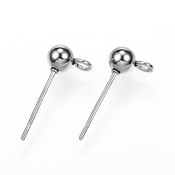 Stainless Steel Color 304 Stainless Steel Ball Stud Earring Findings, with Loop, Stainless Steel Color, 15x7x4mm, Hole: 1.7mm, Pin: 0.8mm