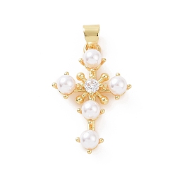 Golden Brass Micro Pave Cubic Zirconia Pendants, with ABS Imitation Pearl, Religion Cross Charm, Golden, 25x16x5mm, Hole: 3.5x5mm