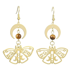 Golden Moon & Butterfly Brass Dangle Earrings, Natural Tiger Eye Beaded Long Drop Earrings, Golden, 63x36mm