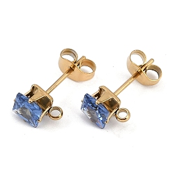 Светло-Голубой Ионное покрытие (ip) 304 фурнитура для сережек-гвоздиков из нержавеющей стали с кубическим цирконием, квадратный, Небесно-голубой, 7x5.5 мм, отверстие : 1.4 мм, штифты : 0.8 мм