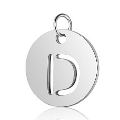 Letter D 304 Stainless Steel Charms, Flat Round with Letter, Stainless Steel Color, Letter.D, 12x1mm, Hole: 2.5mm