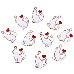White Valentine's Day Alloy Enamel Pendants, Light Gold, Cat with Heart Charm, White, 21x15mm