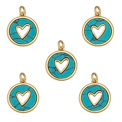 Synthetic Turquoise Synthetic Turquoise Pendants, with Real 18K Gold Plated Brass Findings, Long-Lasting Plated, Flat Round with Heart, 18x16x2mm, Hole: 3mm, 5pcs/box