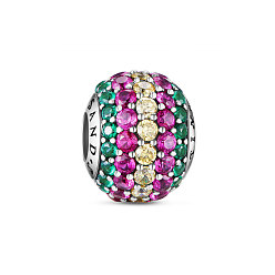 Platinum TINYSAND Rondelle Rhodium Plated 925 Sterling Silver European Beads, Large Hole Beads, with Pave Setting Colorful Cubic Zirconia, Platinum, 12.51x9.87x12.02mm, Hole: 4.31mm
