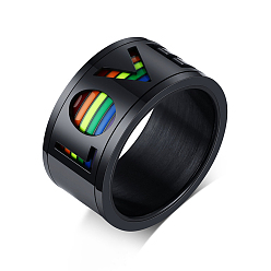 Electrophoresis Black Rainbow Color Pride Flag Word Love Rotating Enamel Finger Ring, Stainless Steel Fidget Spinner Ring for Stress Anxiety Relief, Electrophoresis Black, US Size 7(17.3mm)