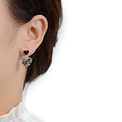 Heart Alloy Rhinestone Dangle Earrings for Women, Enamel Earings, 925 Sterling Silver Pin, Heart, 10mm