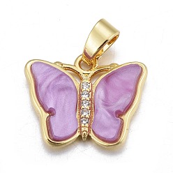 Средняя Орхидея Подвески из смолы, с золотистым латунным микропаве, фурнитура из фианита, бабочка, средне орхидеи, 14x17.5x3 мм, отверстие : 3.5x5.5 мм