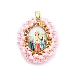 Pink Стойки обшивки латунные прелести, без свинца и без кадмия, долговечный, овал с амулетами Девы Марии, розовые, 31x25.5x6 мм, отверстие : 6x3.5 мм