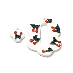 Snow Handmade Polymer Clay Pendants Sets, Flower with Cherry Charm, Snow, 12x12x5mm, Hole: 2mm, 2pcs/set