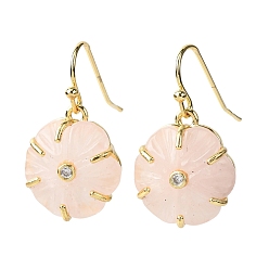 Розовый Кварц Серьги-подвески из натурального розового кварца в форме цветка, с прозрачным кубическим цирконием и латунной фурнитурой, золотые, стойки покрытие, 25x16.5 мм