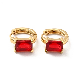 Red Rectangle Cubic Zirconia Hoop Earrings, Real 18K Gold Plated Brass Jewelry for Women, Lead Free & Cadmium Free & Nickel Free, Red, 11.5x14x6mm, Pin: 0.7mm