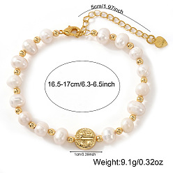 Белый Женские браслеты из натурального жемчуга и золотых бусин с плоскими круглыми подвесками в виде святых., белые, длина 6.50~6.69 дюйм(16.5~17 см)