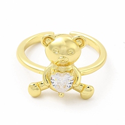 Clear Glass Bear with Heart Open Cuff Ring, Golden Brass Jewelry for Women, Clear, Inner Diameter: 17mm