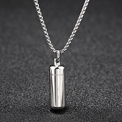 Silver 316L Stainless Steel Pill Shape Urn Ashes Pendant Necklace with Box Chains, Memorial Jewelry for Men Women, Silver, 23.62 inch(60cm)