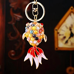 Красный Цветной бриллиантовый брелок для ключей в виде золотой рыбки из металла, симпатичная женская сумка, брелок, кольцо, инкрустированное бриллиантами, аксессуары, подарок оптом, красные, 12.5x3.8 см