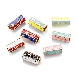 Mixed Color Real 18K Gold Plated Brass Tube Beads, with Enamel, Hexagon with Star & Word Happy Dream, Mixed Color, 21.5x11x9.5mm, Hole: 4~7.5mm