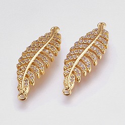 Golden Brass Micro Pave Cubic Zirconia Links, Clear, Leaf, Golden, 30x9.5x2mm, Hole: 1mm