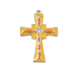 Crystal 304 Stainless Steel with Orange Enamel Pendants, with Rhinestone, Cross Charms, Stainless Steel Color, Crystal, 35.5x24.5x2.5mm, Hole: 1.4mm