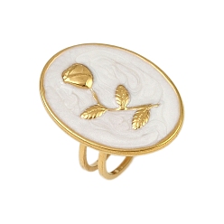 Белый Овальные с рисунком розы 304 эмалевые кольца из нержавеющей стали для женщин, ионное покрытие (ip), реальный 18 k позолоченный, белые, овальный : 25.5x18.5 mm, внутренний диаметр: 17 мм