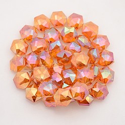 Orange Hexagon Electroplate Full Rainbow Plated Glass Beads Strands, Faceted, Orange, 15x14x8mm, Hole: 1mm, about 50pcs/strand, 23.6 inch