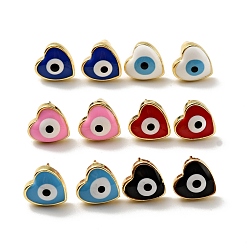 Mixed Color Heart with Evil Eye Enamel Stud Earrings, Gold Plated Brass Jewelry for Women, Cadmium Free & Lead Free, Mixed Color, 9.5x9.5mm, Pin: 0.8mm