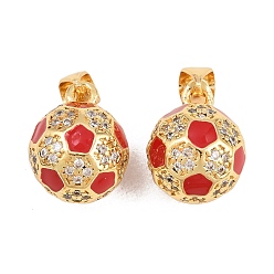 Красный Подвески из латуни с микропаве и прозрачными кубическими циркониями в спортивной тематике, с эмалью, без кадмия и без свинца, реальный 18 k позолоченный, стойки покрытие, долговечный, прелести футбола, красные, 14.5x11.5x11.5 мм, отверстие : 3x5 мм
