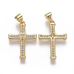 Real 18K Gold Plated Brass Micro Pave Cubic Zirconia Pendants, Cross with Heart, Clear, Real 18K Gold Plated, 23x15.5x2.5mm, Hole: 4.5x5.5mm