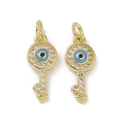 Light Sky Blue Real 18K Gold Plated Brass Micro Pave Cubic Zirconia Pendants, with Enamel and Jump Ring, Key Charms, Light Sky Blue, 17.5x7x2mm, Hole: 3.4mm