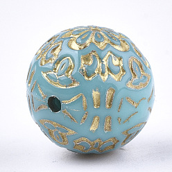 Sky Blue Plating Acrylic Beads, Metal Enlaced, Round with Flower, Sky Blue, 13.5~14mm, Hole: 1.5mm, about 325pcs/500g
