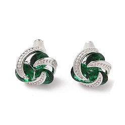 Зеленый Серьги-гвоздики из латуни с микропаве из кубического циркония, долговечный, цветок, платина, зелёные, 13x12 мм