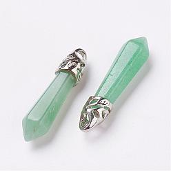 Green Aventurine Natural Green Aventurine Pointed Pendants, with Platinum Tone Alloy Findings, Bullet, 33~40x8~9x8~9mm, Hole: 3x4mm