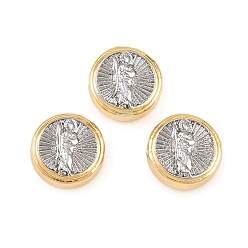 Платиновый & Золотой Двухцветные латунные бусины, долговечный, плоский круг со святым Иудой, стойки покрытие, без свинца и без кадмия, платиной и золотом, 9.5~10x4~6 мм, отверстие : 1.8 мм