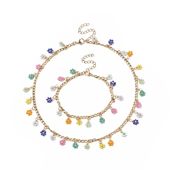 Coloré Bracelet et collier à breloques fleur tressée en verre, or 304 ensemble de bijoux en acier inoxydable pour femme, colorées, 6-7/8 pouce (17.5 cm), 14 pouce (35.5 cm)