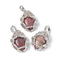 Родонит Природные подвески родонит, овальные амулеты, с фурнитурой в виде розы из латуни платинового цвета, без кадмия, без никеля и без свинца, 25~26x19~19.5x9~9.5 мм, отверстие : 7.5x5.5 мм